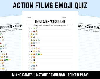 Printable Action Films Emoji Quiz With Answers: Emoji Pictionary Sheets, Downloadable Pub Quiz Sheets, Picture Round PDF, Fun Movies Quiz