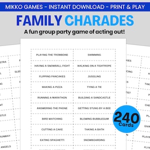 Charadas Familiares – Juego de Fiesta Imprimible / Tarjetas de Charadas de Acción Descargables, Divertido Juego de Grupo para Niños y Adultos, Noche de Juegos Familiares