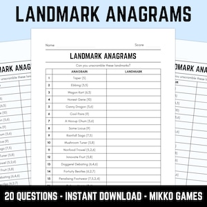 May include: A printable game sheet titled LANDMARK ANAGRAMS featuring a table with 20 numbered rows. Each row contains an anagram and a blank space for the landmark name. The header includes fields for Name and Score, with the text 20 QUESTIONS - INSTANT DOWNLOAD - MIKKO GAMES at the bottom.