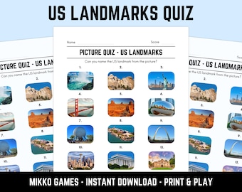 Printable US Landmarks Picture Quiz With Answers: Picture Round Quiz Sheets, Pub Quiz Trivia, Downloadable Table Quiz, Fun Geography Quiz