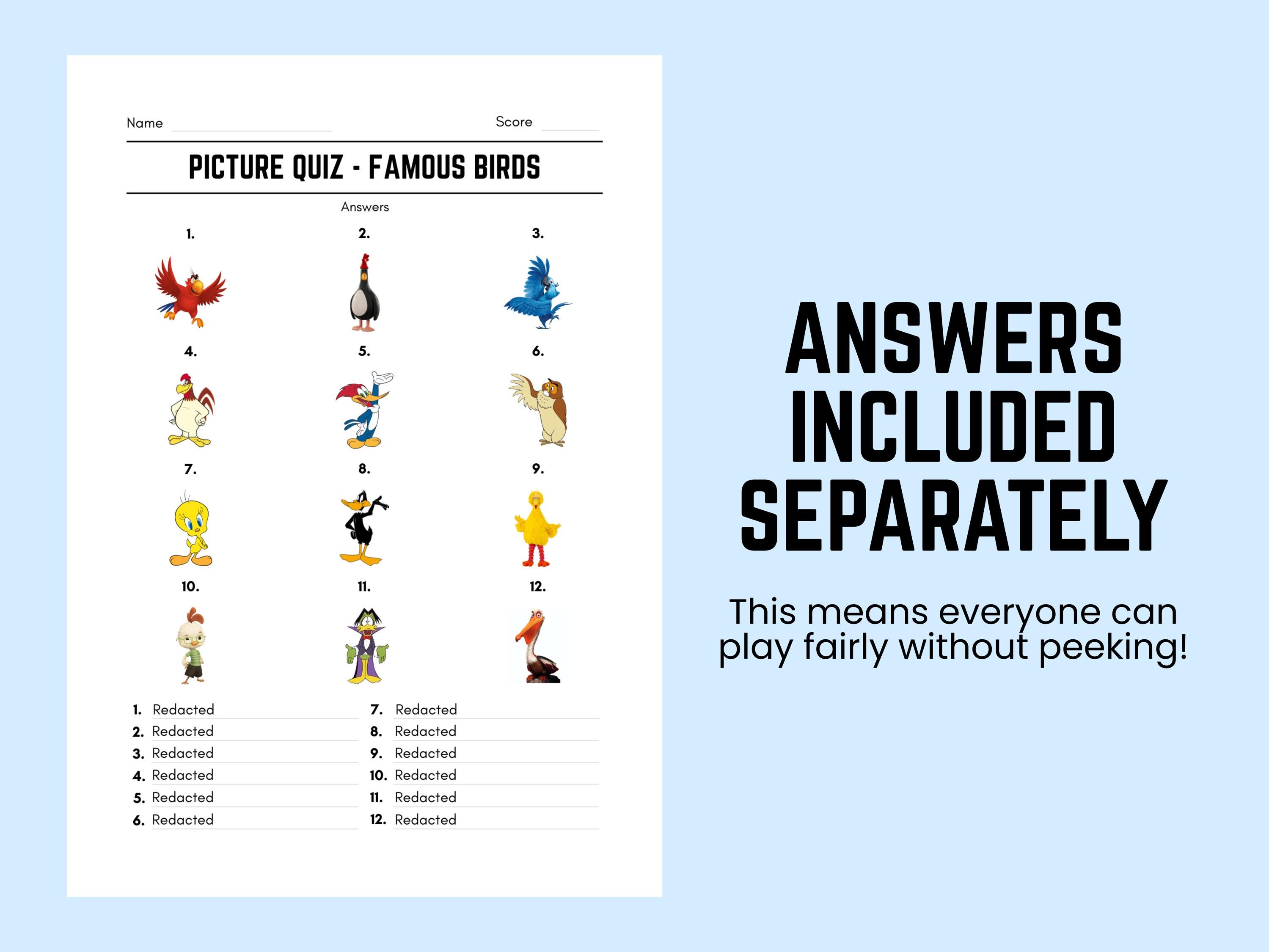 Printable Famous Birds Picture Quiz With Answers: Picture Round Quiz ...