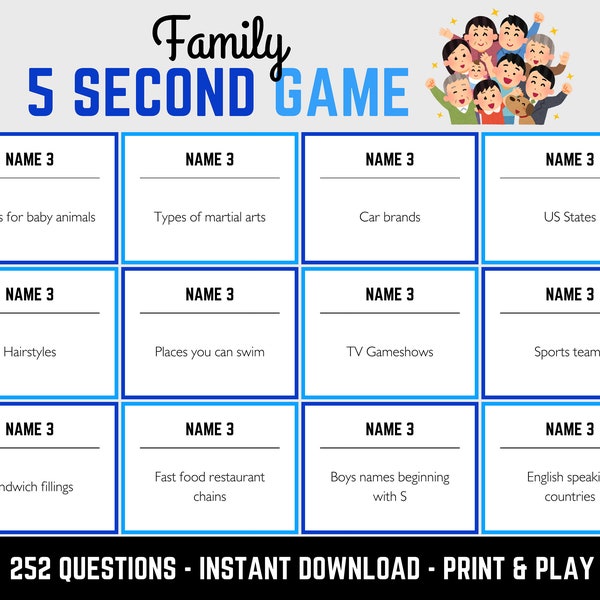 Family 5 Second Game - Printable Party Game | Downloadable 5 Second Rule Game, Fun Activity for Friends & Family, Ideal for Kids and Adults