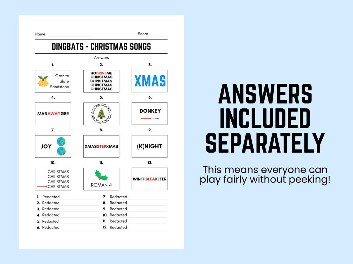 Printable Christmas Songs Dingbats Picture Quiz With Answers