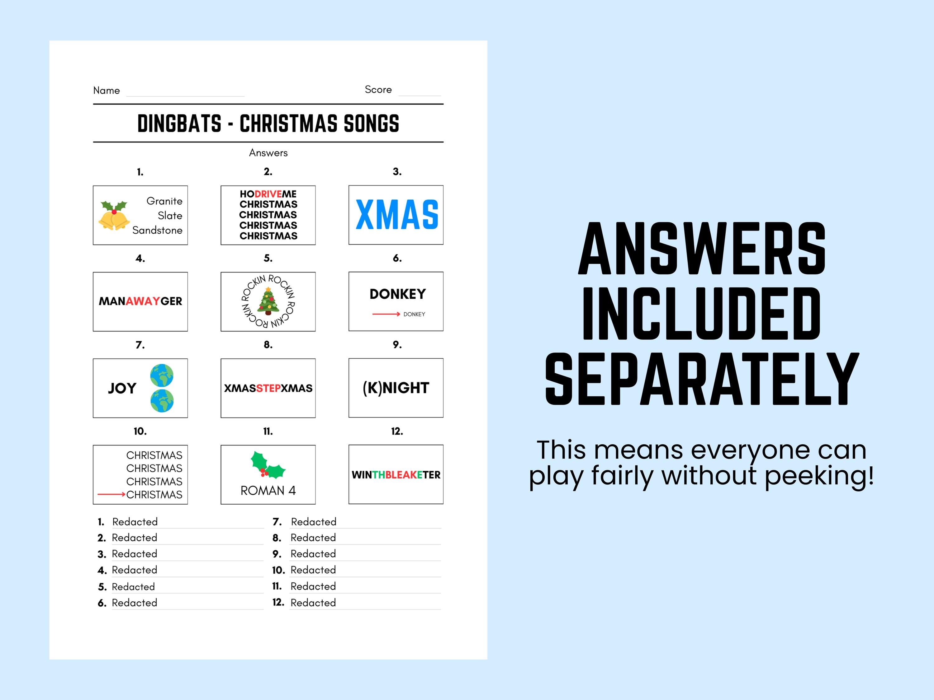 printable christmas songs dingbats picture quiz with answers