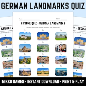 May include: A printable quiz on German landmarks, featuring images of famous locations. The quiz includes multiple-choice questions and space for the participant's name and score. The title "GERMAN LANDMARKS QUIZ" is displayed at the top.