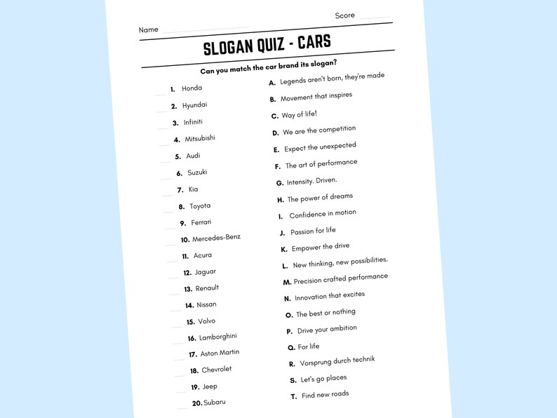Printable Cars Slogan Match up Quiz With Answers Etsy