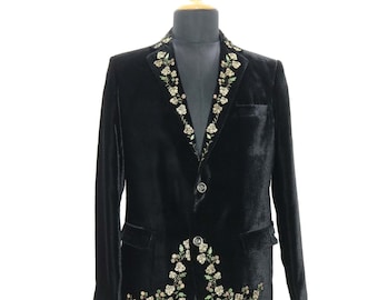 Men's Black Velvet Embroidered Jacket | Luxury Wedding Blazer