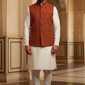 Mandarin Collar Vest Rust Cotton, Kurta Jacket Men, Indian Festive Wear