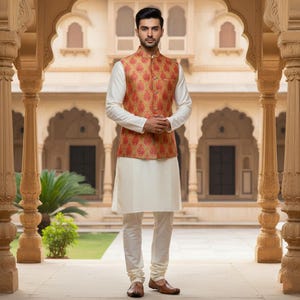 May include: A man wearing a traditional Indian outfit. The ensemble includes a cream-colored kurta and pants, a white long-sleeved shirt, and a patterned vest in shades of red, gold, and orange. The outfit is completed with brown shoes.