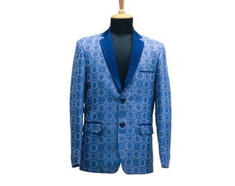 May include: A blue blazer with a patterned design and a navy blue satin lapel.