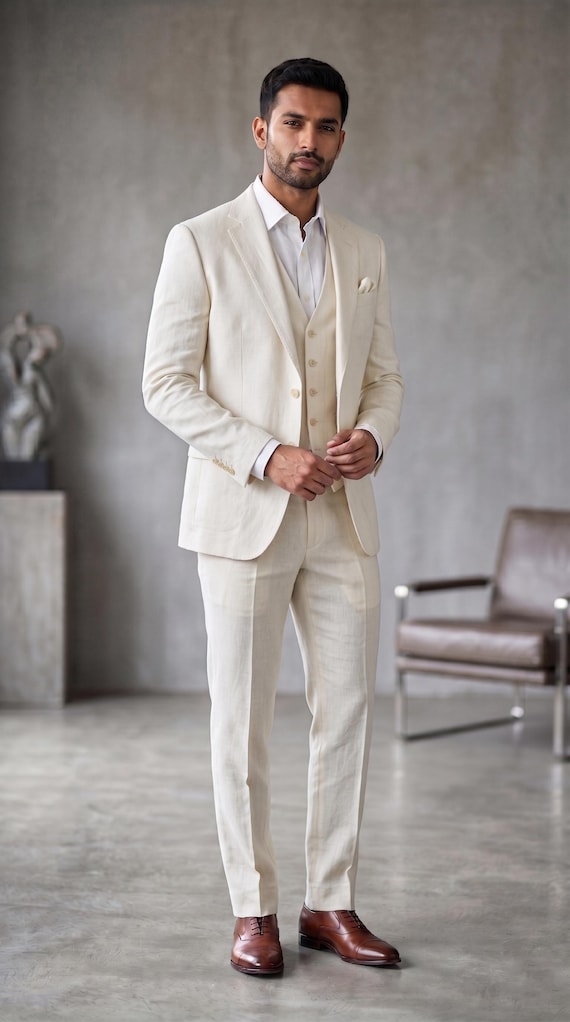 Men's 3-Piece Slim Fit Linen Suit, Cream Off-White