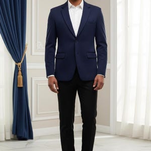 Blazer azul marino, chaqueta formal lisa para hombre, corte entallado.