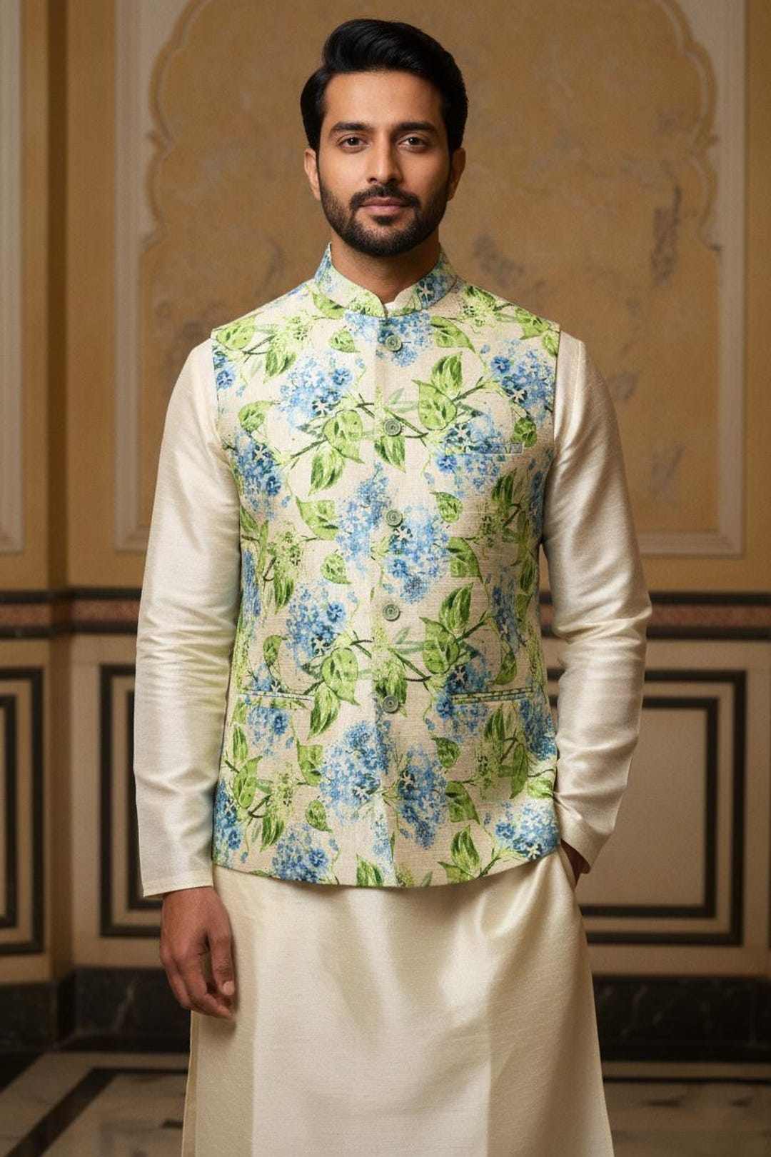 Hydrangea Patterned Jacket Serene Hydrangea: the Pastel Floral Nehru Jacket - Etsy