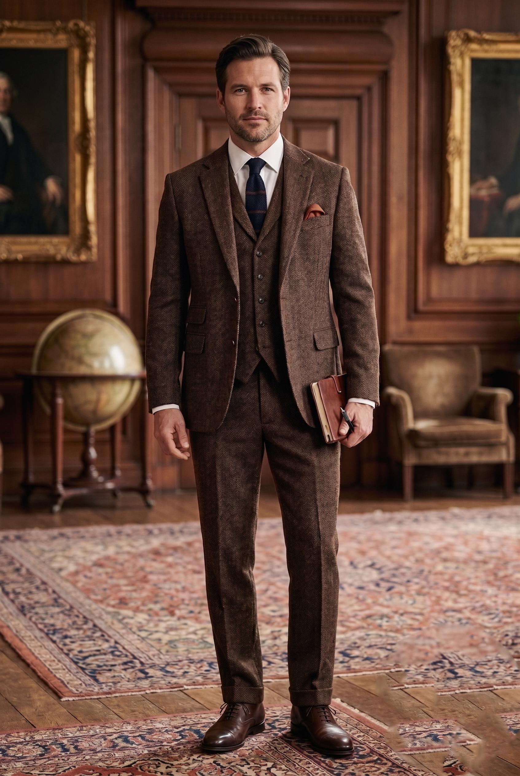 Men's Luxury 3-piece Dark Brown Herringbone Tweed Suit - Etsy