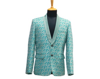 Sky blue blazer with embroidery, slim mens blazer, wedding suits