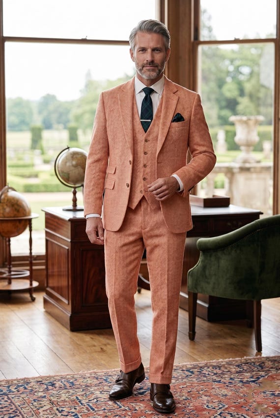 peach leather dress Men's Designer 3-piece Herringbone Tweed Suit magentoId:22403
