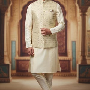 Beige Patterned Nehru Jacket with Pocket Square & Cream Kurta Set