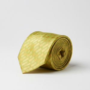 Può includere: Cravatta arrotolata nelle tonalità del giallo e del verde. La cravatta presenta un motivo geometrico ripetuto. Il tessuto ha una leggera lucentezza e la cravatta è arrotolata, mettendo in risalto la sua consistenza e il suo design. Lo sfondo è bianco.