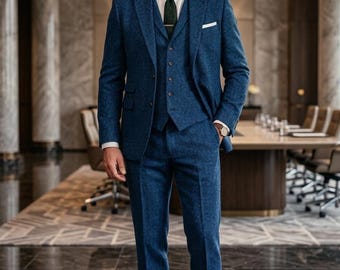 Costume homme 3 pièces haut de gamme bleu roi à chevrons en tweed
