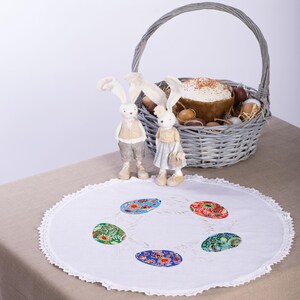 Può includere: Un runner da tavolo in crochet bianco con un bordo in pizzo e uova di Pasqua colorate ricamate. Due figurine di coniglio si trovano su una tovaglia beige accanto a un cesto di vimini pieno di pane pasquale e uova.