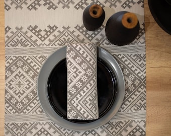 Embroidered Napkins, Ukrainian Ethnic Pattern, Grey-White Cloth
