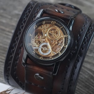 Reloj automático, brazalete de cuero genuino marrón, correa y banda de cuero cosidas a mano, reloj de pulsera mecánico, regalo para él o para ella, listo para enviar
