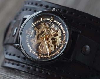 Automatisch horloge, Bruine echt leren manchet, Handgestikte leren band & band, Mechanisch polshorloge, Cadeau voor hem of haar, Klaar om te verzenden