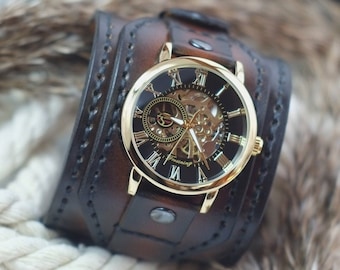 Brown leather cuff watch, Men&#39;s watch, Hand stitched leather strap & band, Mechanical wrist watch, Gift for husband, boyfriend,Ready to ship