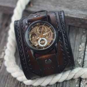 Reloj automático, brazalete de cuero genuino marrón, correa y banda de cuero cosidas a mano, reloj de pulsera mecánico, regalo para él o para ella, listo para enviar