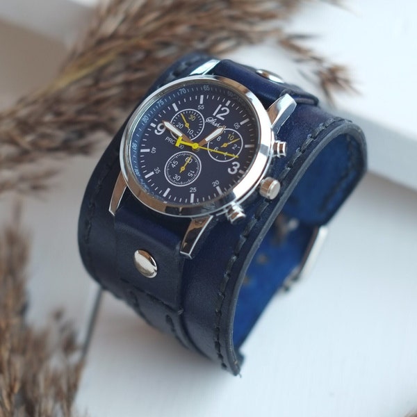 Blue leather cuff watch, Men's watch, Hand stitched leather strap & band, Wrist watch, Gift for husband, boyfriend, son, Ready to ship