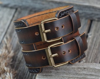 Hand Dyed Brown Leather Cuff Bracelet: Unisex Double Strap Wristband
