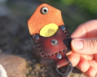 Leather keychain, Guitar pick holder, Black red leather keyring, Minimalist guitar pick holder