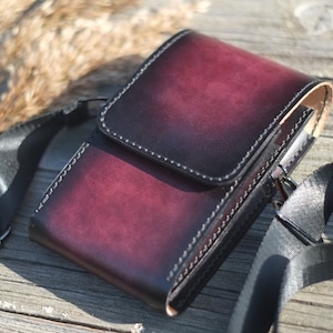 Borsa per telefono e portafoglio viola scuro, borsa a tracolla in pelle con cinturino regolabile, pelle tinta a mano, borsa a tracolla casual per Iphone o Samsung