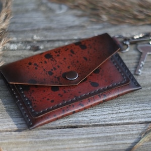 Portafoglio portachiavi in pelle, portafoglio portachiavi marrone rosso, porta carte di credito, portamonete in pelle, punti spruzzati tinti a mano, portafoglio minimalista