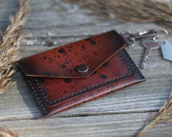 Leather keychain wallet, Red brown keyring wallet, Credit card holder, Leather coin purse, Hand dyed splashy dots, Minimalist wallet