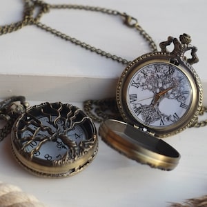 Antique bronze pocket watch, Elegant watch with hollow tree of life, Necklace pendant watch, Gift for women or man