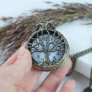 Antique bronze pocket watch, Elegant watch with hollow tree of life, Necklace pendant watch, Gift for women or man