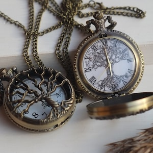 Antique bronze pocket watch, Elegant watch with hollow tree of life, Necklace pendant watch, Gift for women or man