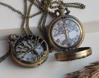 Montre de poche en bronze antique, montre élégante avec arbre de vie creux, montre pendentif collier, cadeau pour femme ou homme