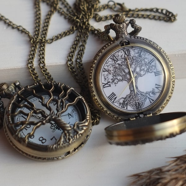 Montre de poche en bronze antique, montre élégante avec arbre de vie creux, montre pendentif collier, cadeau pour femme ou homme