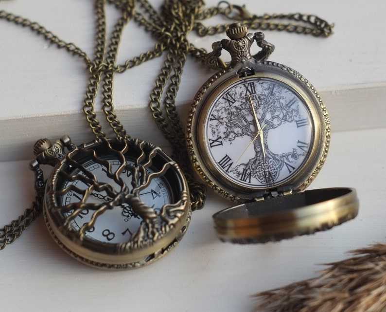 Antique bronze pocket watch, Elegant watch with hollow tree of life, Necklace pendant watch, Gift for women or man