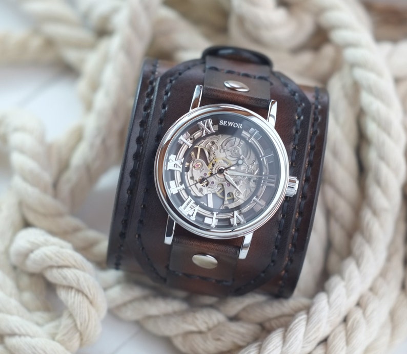 Brown leather cuff watch, Skeleton watch, Hand stitched leather strap & band, Mechanical wrist watch, Gift for him or her, Ready to ship
