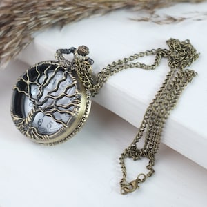 Antique bronze pocket watch, Elegant watch with hollow tree of life, Necklace pendant watch, Gift for women or man