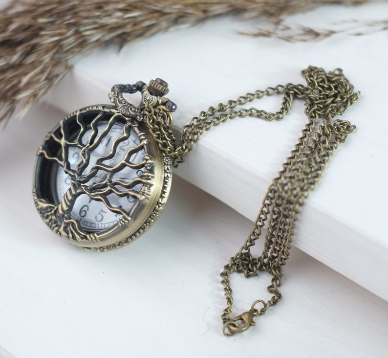 Antique bronze pocket watch, Elegant watch with hollow tree of life, Necklace pendant watch, Gift for women or man