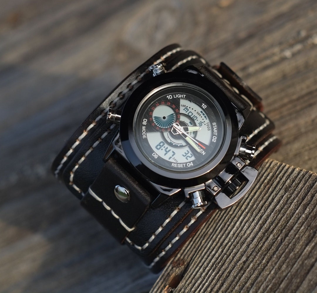 Hand Stitched Leather Cuff Watch: LED Steampunk Wristwatch Canada