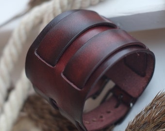 Hand Dyed Mahogany Leather Cuff: Wide Double Strap Unisex Bracelet
