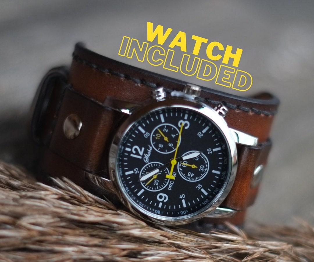 Brown Leather Cuff Watch, Men's Watch, Hand Stitched Leather Strap