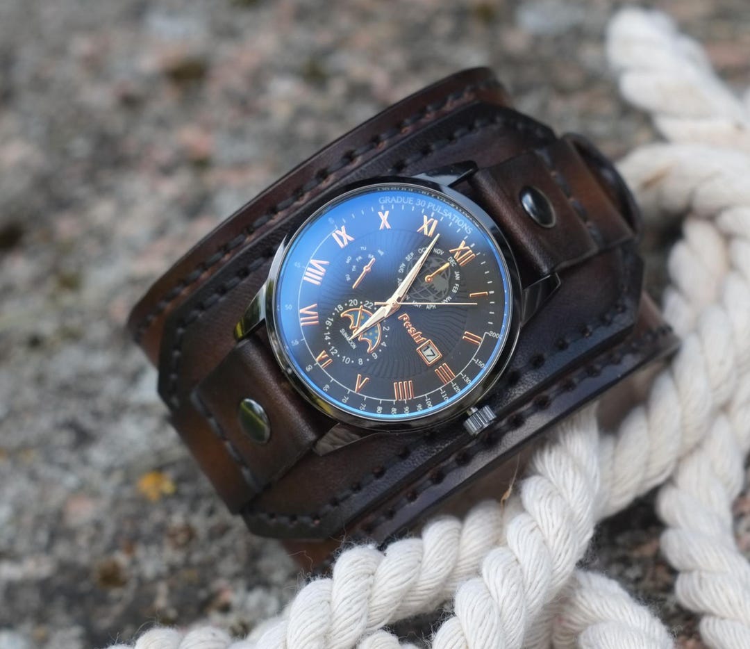 Brown Leather Cuff Watch, Men's Watch, Hand Stitched Leather Strap Band,  Wrist Watch, Gift for Husband, Boyfriend, Son, Ready to Ship