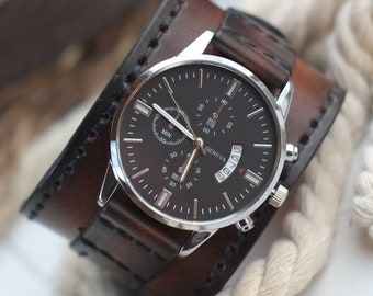 Montre manchette en cuir marron, montre pour homme, bracelet et bracelet en cuir cousus à la main, montre-bracelet, cadeau pour mari, petit ami, fils, prêt à être expédié