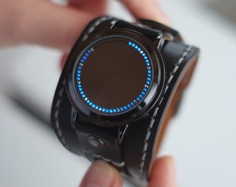 Reloj de pulsera LED, reloj de puño de cuero negro, reloj de banda de cuero digital, reloj de pantalla táctil, reloj de pulsera Steampunk, listo para enviar